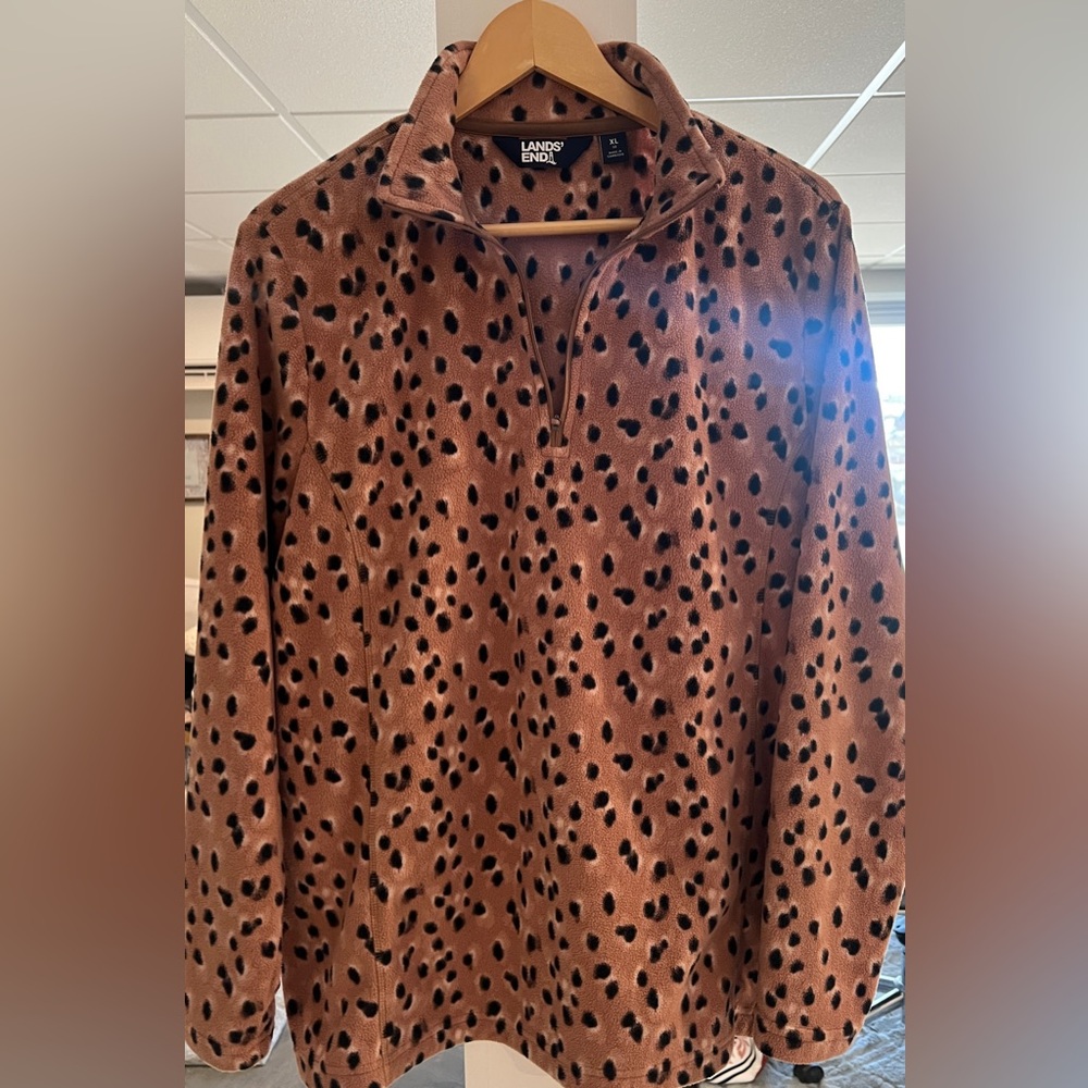 Women's Lands' End Powder Fleece Quarter Zip Pullover Leopard